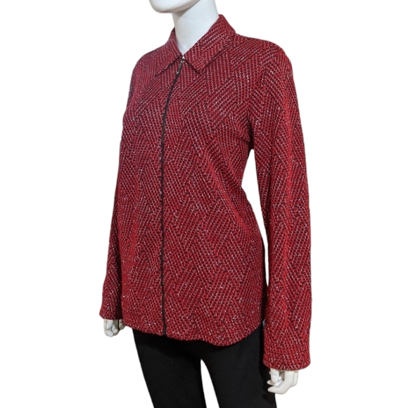 Alfred Dunner Red w Silver Lurex Thread Full Zip Jacket , 8 - Picture 5 of 7